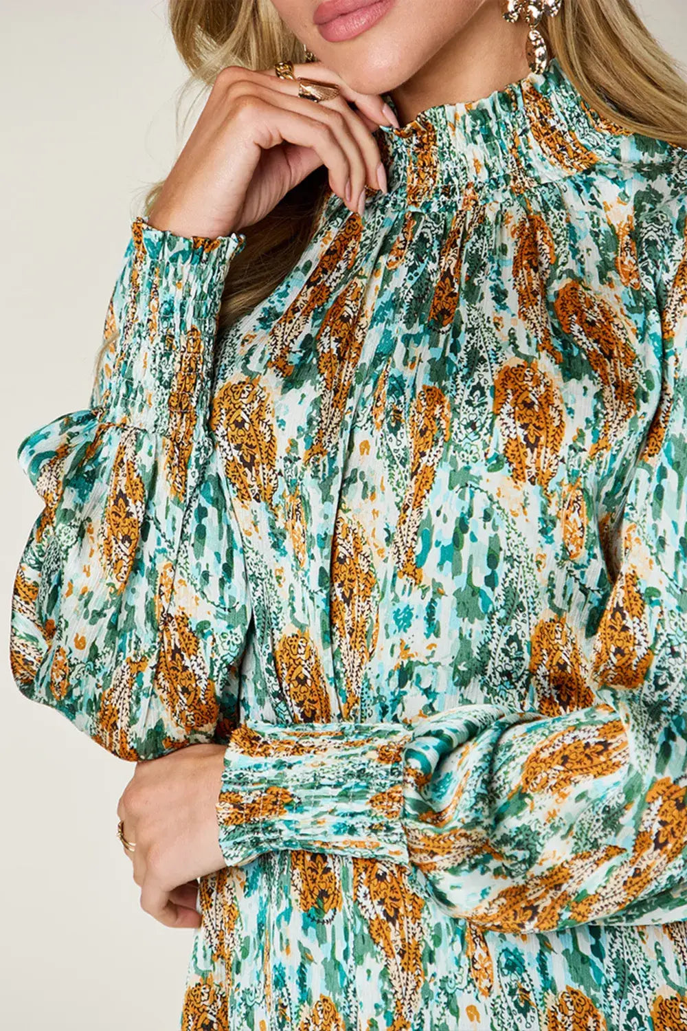 Double Take Full Size Printed Smocked Long Sleeve Blouse - Trendsi - Flyclothing LLC