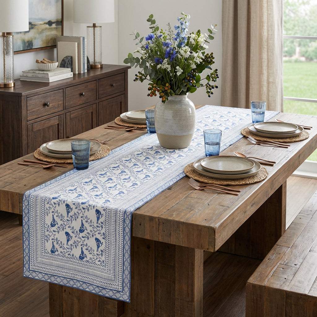68" Blue And White Geometric And Floral Table Runner - HomeRoots - Flyclothing LLC