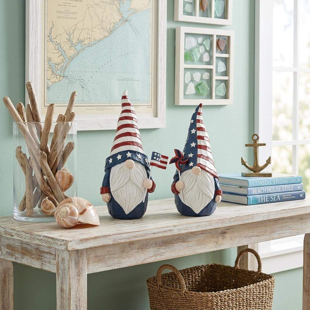 Set of Two Red White And Blue Polyresin Standing Gnomes - HomeRoots - Flyclothing LLC