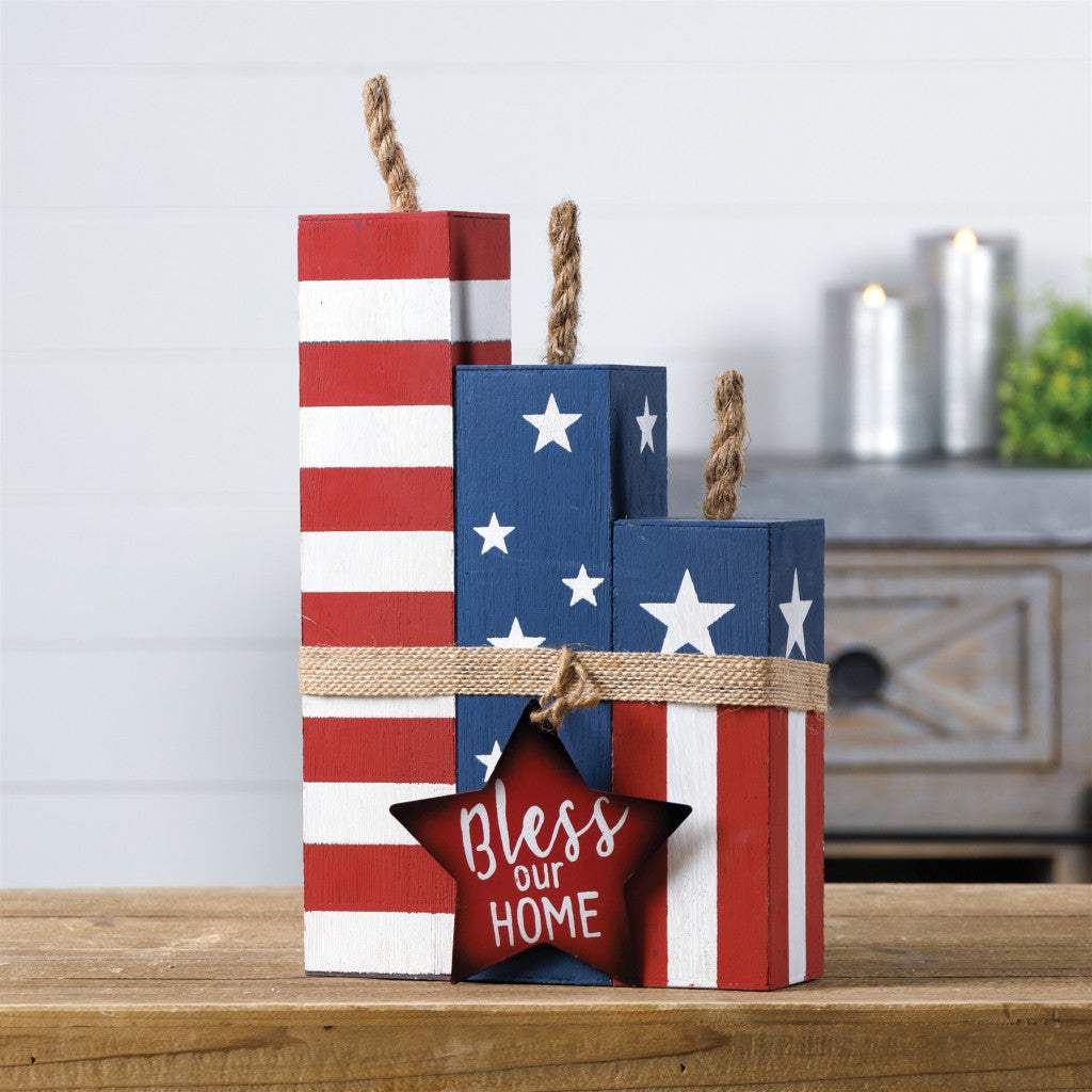 14" Red White And Blue Bless Our Home Tabletop Sign - HomeRoots - Flyclothing LLC