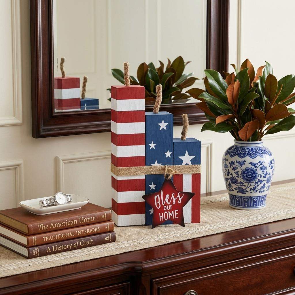 14" Red White And Blue Bless Our Home Tabletop Sign - HomeRoots - Flyclothing LLC
