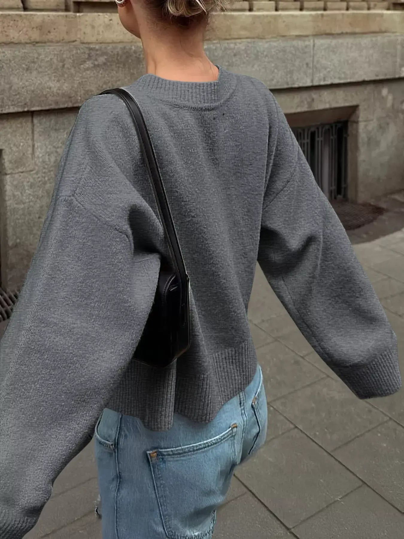 Ribbed Round Neck Dropped Shoulder Sweater - Trendsi - Flyclothing LLC