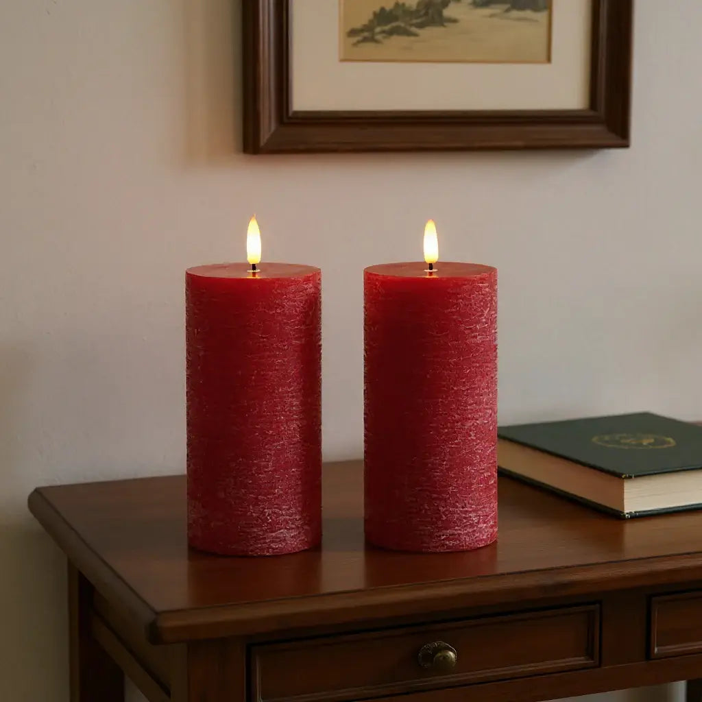 Set of Two Red Unscented Candle Flameless Pillar Candles - Homeroots - Flyclothing LLC