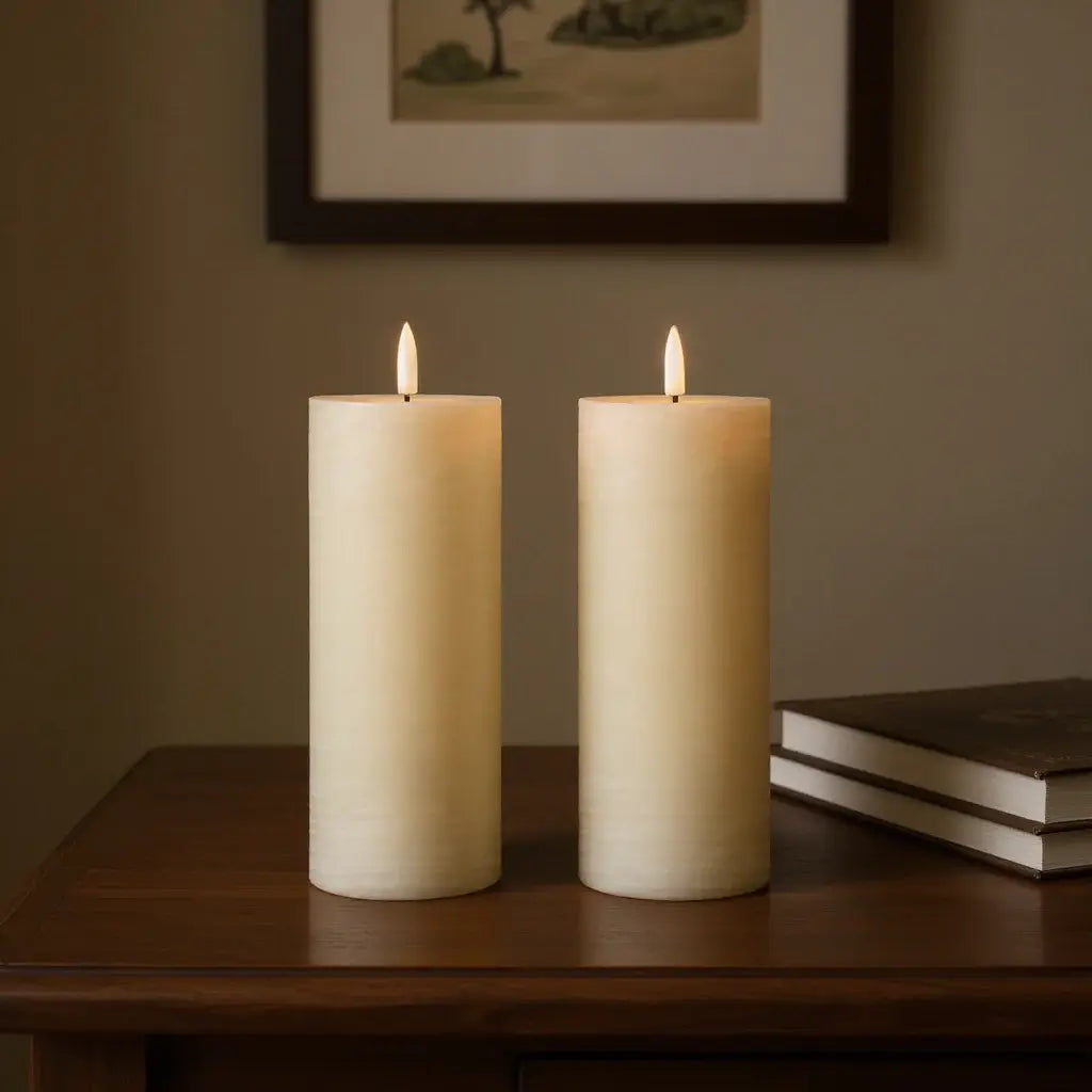 Set of Two Ivory Unscented Candle Flameless Pillar Candles - Homeroots - Flyclothing LLC