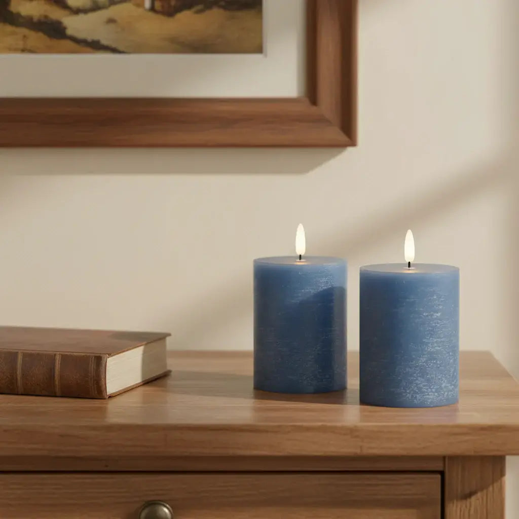 Set of Two Blue Unscented Candle Flameless Pillar Candles - Homeroots - Flyclothing LLC