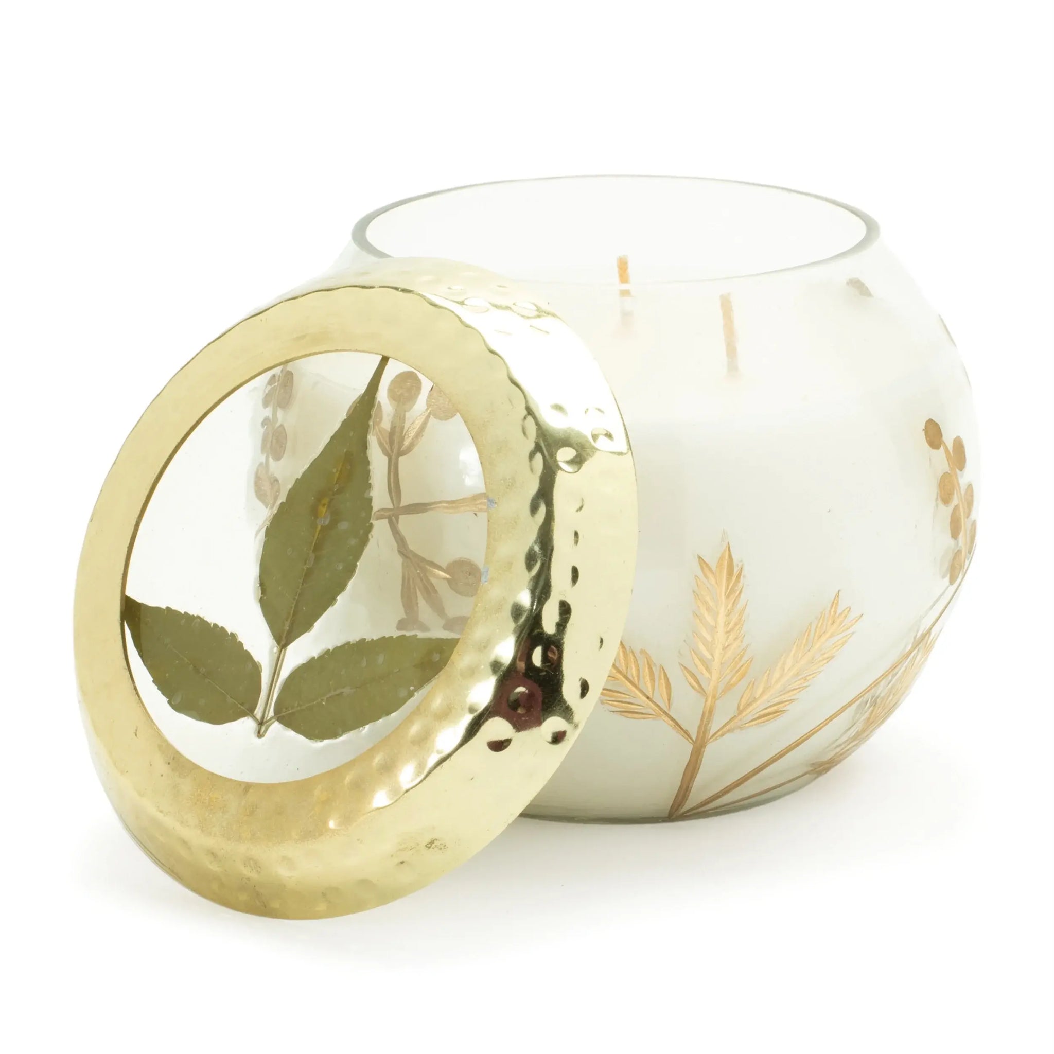 5" White Juniper Scented Two Wick Candle In Clear And Gold Glass Leaf Holder - Homeroots - Flyclothing LLC