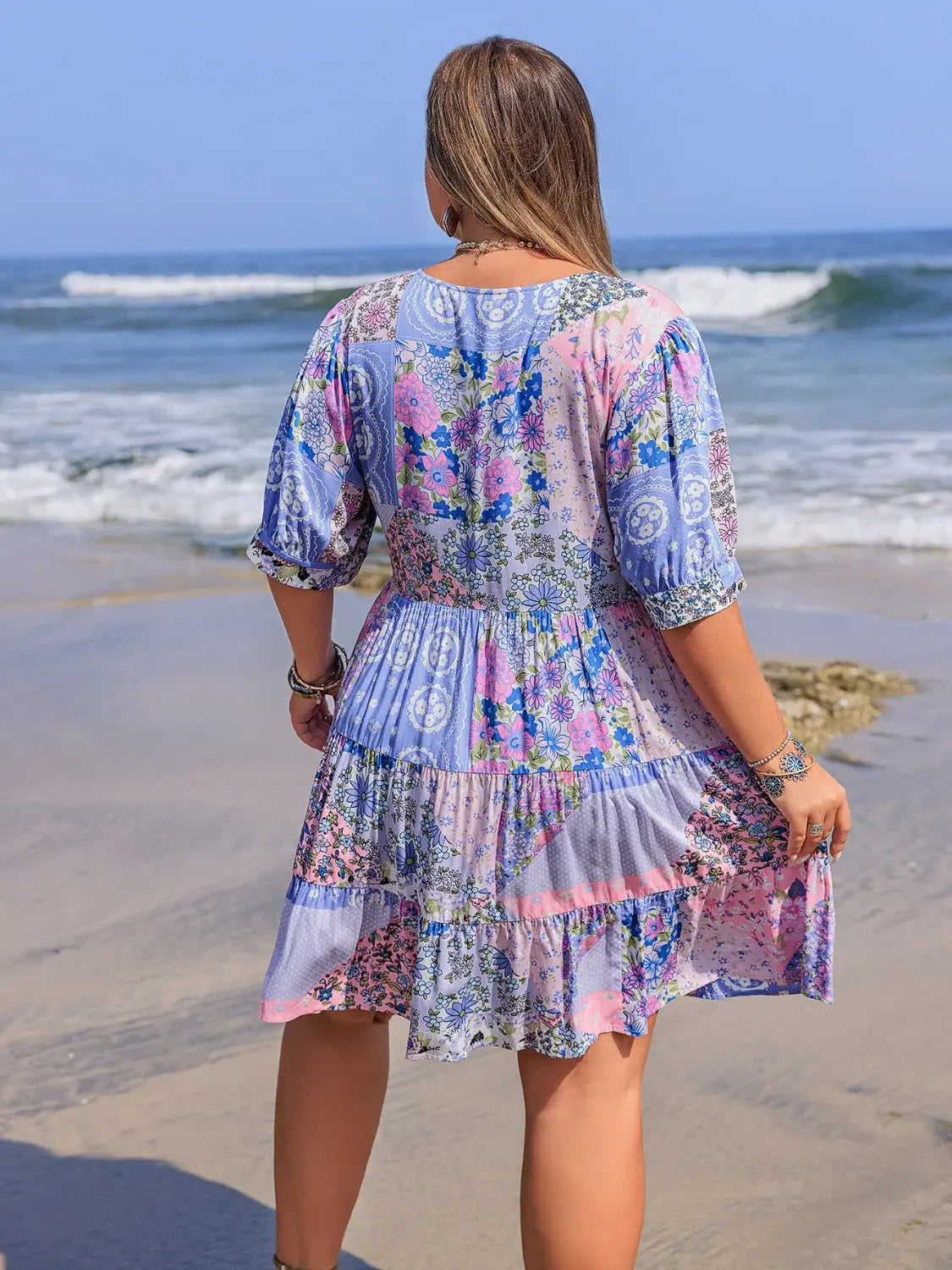 Plus Size Printed V-Neck Tiered Mini Dress - Trendsi - Flyclothing LLC