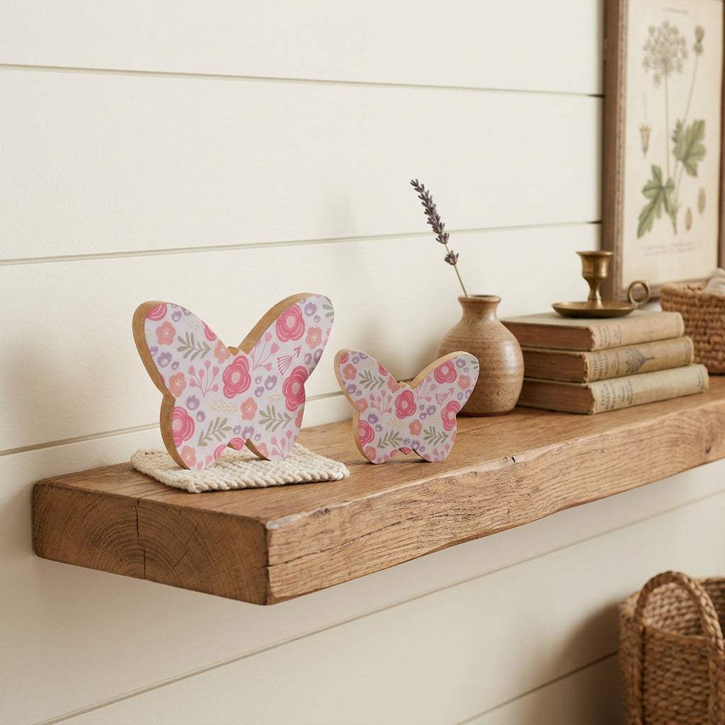 Set of Two White And Pink Wood Butterfly Tabletop Sculptures - HomeRoots - Flyclothing LLC