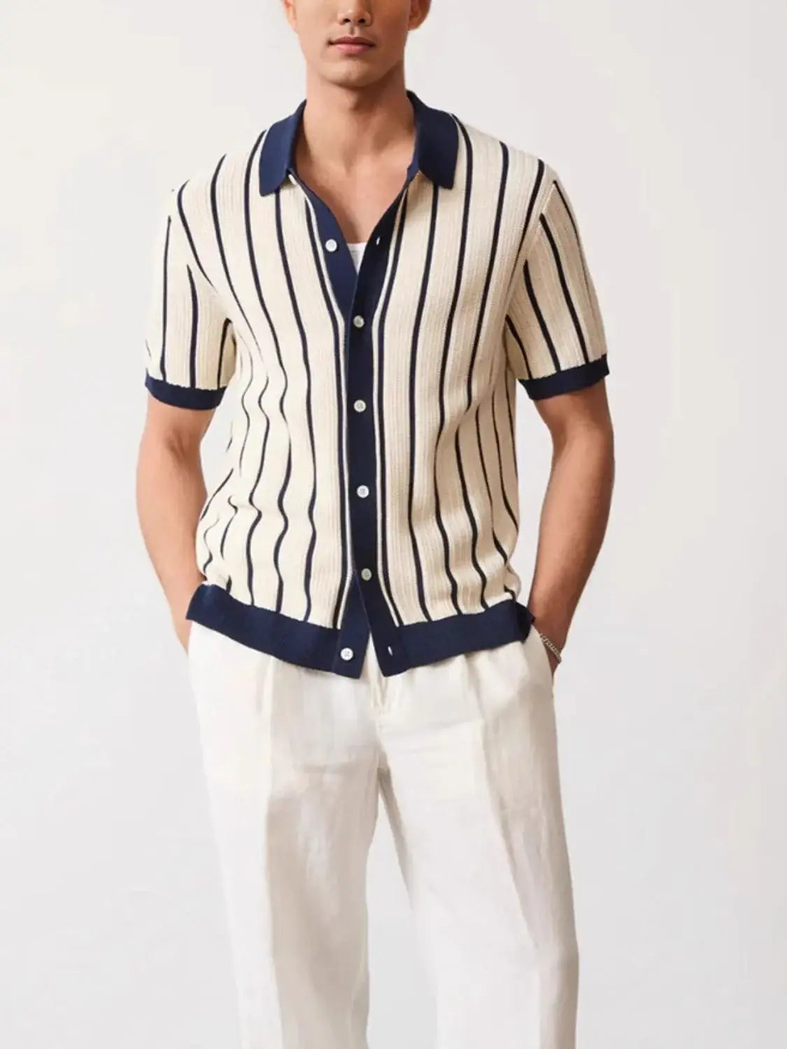 Men's Plus Size Striped Button Down Short Sleeve Shirt - Trendsi - Flyclothing LLC