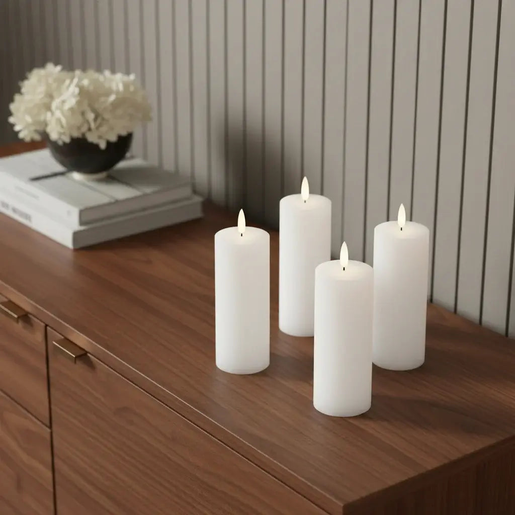 Set of Four White Unscented Candle Flameless Pillar Candles - Homeroots - Flyclothing LLC