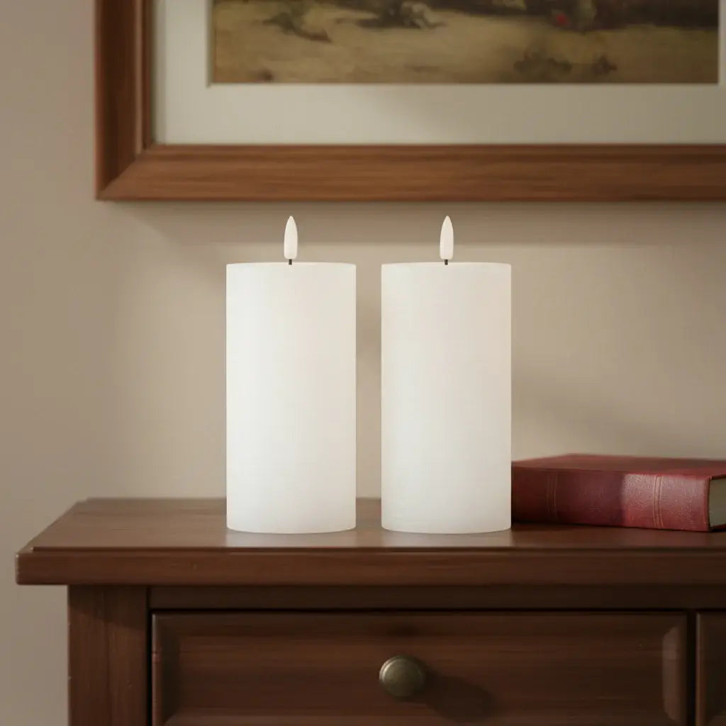 Set of Two White Unscented Candle Flameless Pillar Candles - Homeroots - Flyclothing LLC