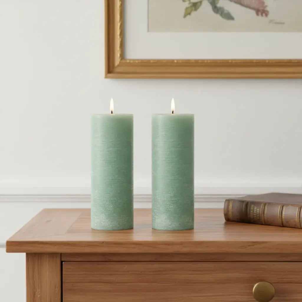 Set of Two Green Unscented Candle Flameless Pillar Candles - Homeroots - Flyclothing LLC