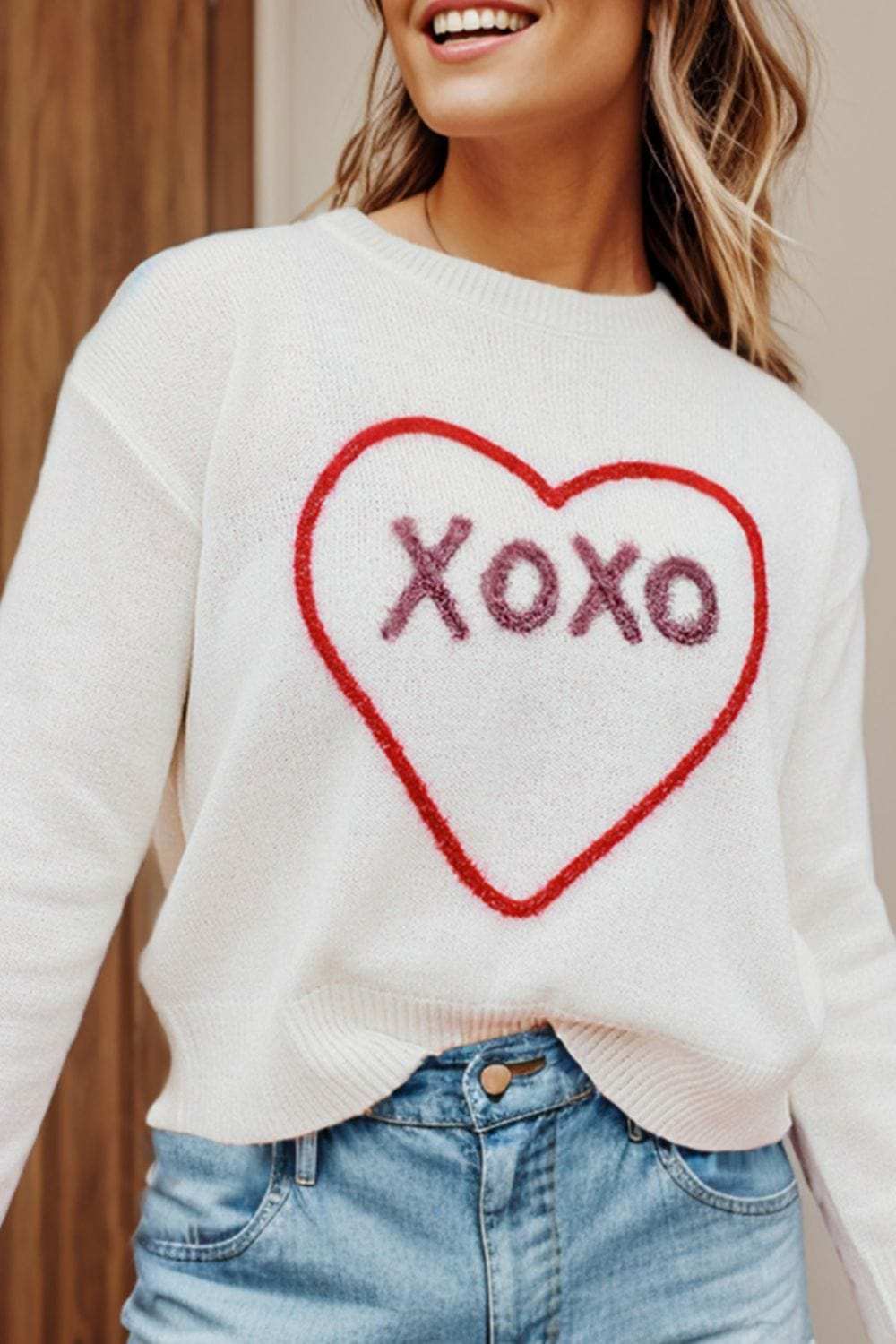 XOXO Round Neck Drop Shoulder Sweater - Trendsi - Flyclothing LLC