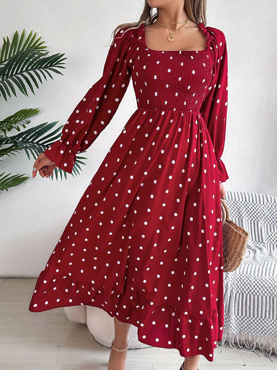 Polka Dot Flounce Sleeve Midi Dress - Trendsi