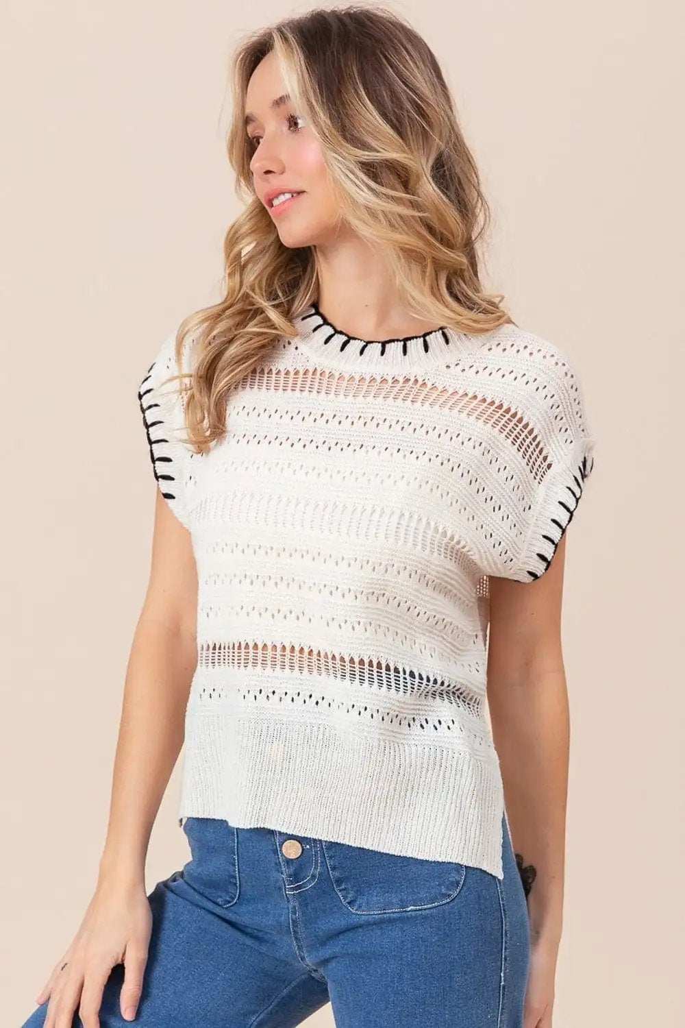 BiBi Stitch Edge Pointelle Side Slit Sweater Vest - Trendsi - Flyclothing LLC