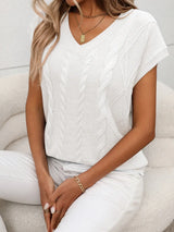 Cable-Knit V-Neck Short Sleeve Knit Top - Trendsi - Flyclothing LLC