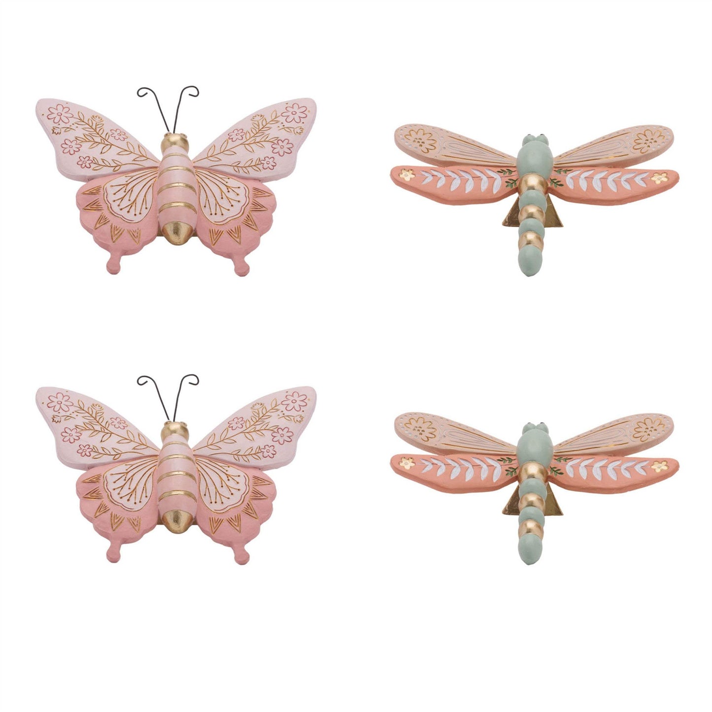 Set of Four Pink And Green Polyresin Butterfly And Dragonfly Figurines - HomeRoots - Flyclothing LLC