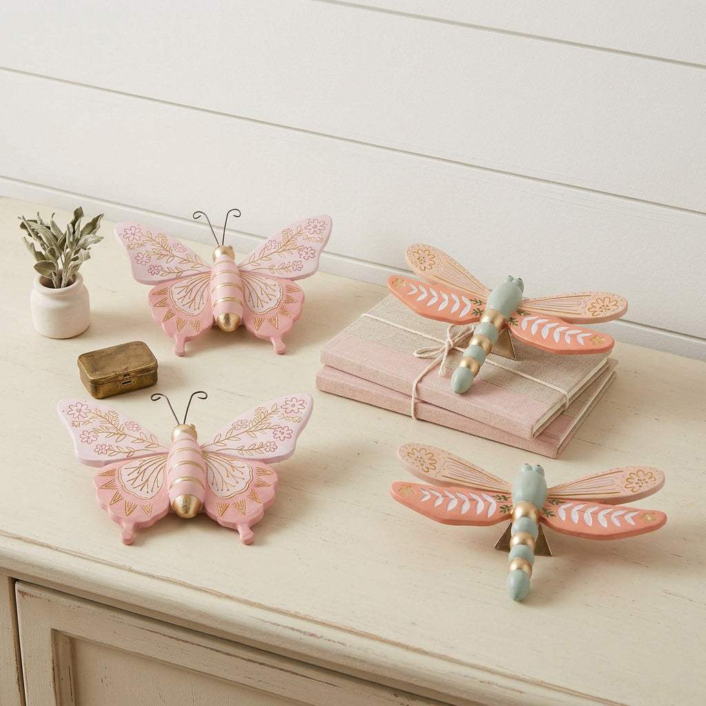Set of Four Pink And Green Polyresin Butterfly And Dragonfly Figurines - HomeRoots - Flyclothing LLC