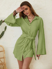 Collared Neck Long Sleeve Mini Shirt Dress - Trendsi