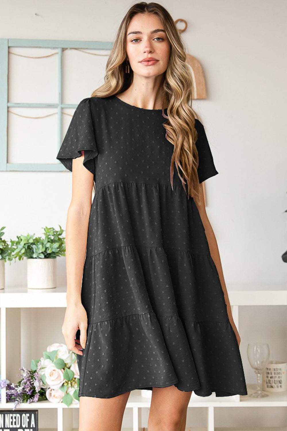 Heimish Swiss Dot Short Sleeve Tiered Dress - Trendsi - Flyclothing LLC