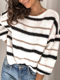 Contrast Striped Round Neck Long Sleeve Sweater - Trendsi - Flyclothing LLC