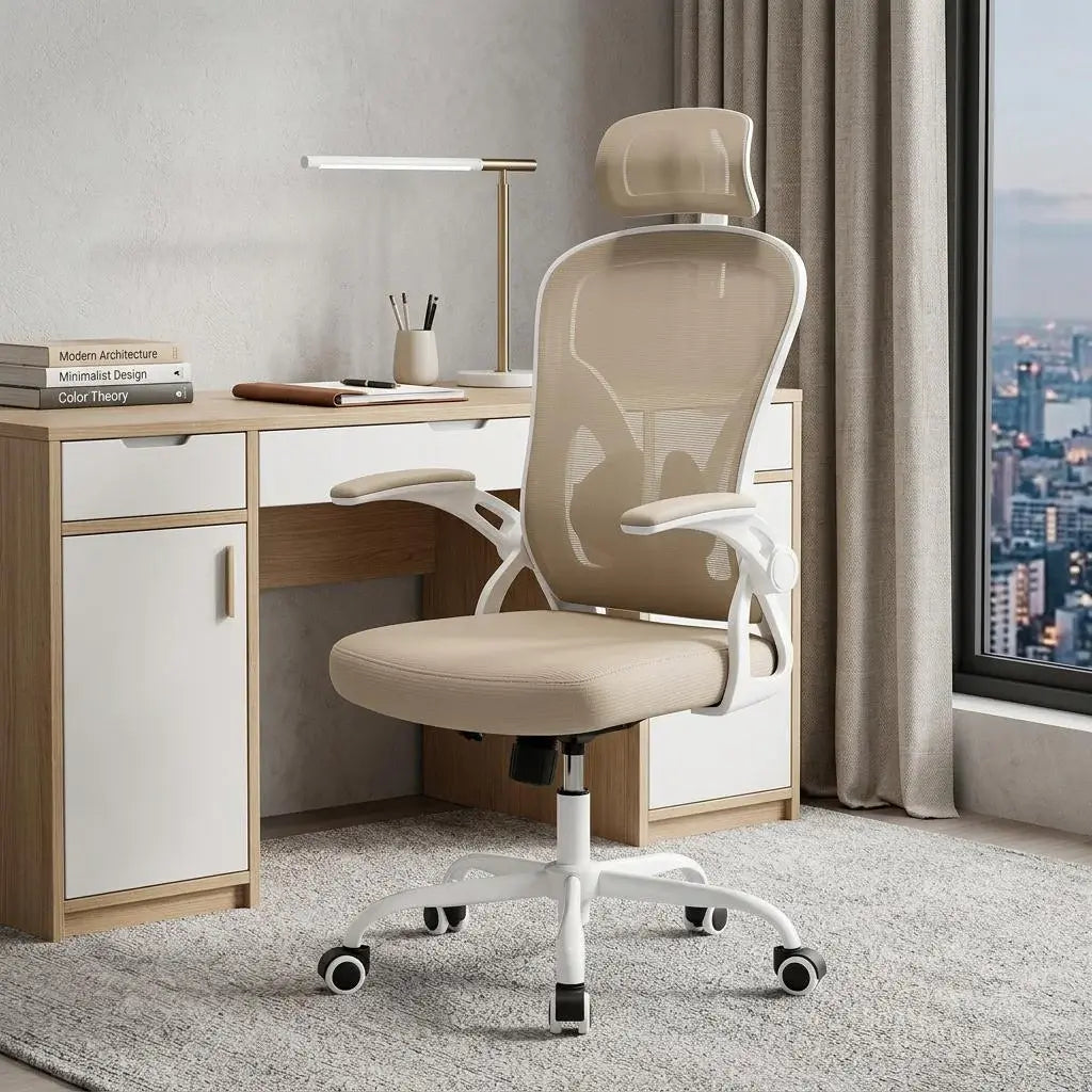 Beige and White Adjustable Height Swivel Rolling Executive Office Chair - Homeroots - Flyclothing LLC