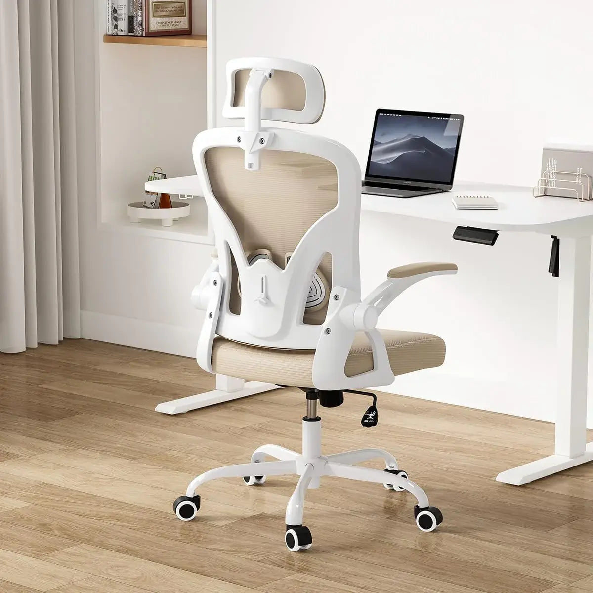 Beige and White Adjustable Height Swivel Rolling Executive Office Chair - Homeroots - Flyclothing LLC
