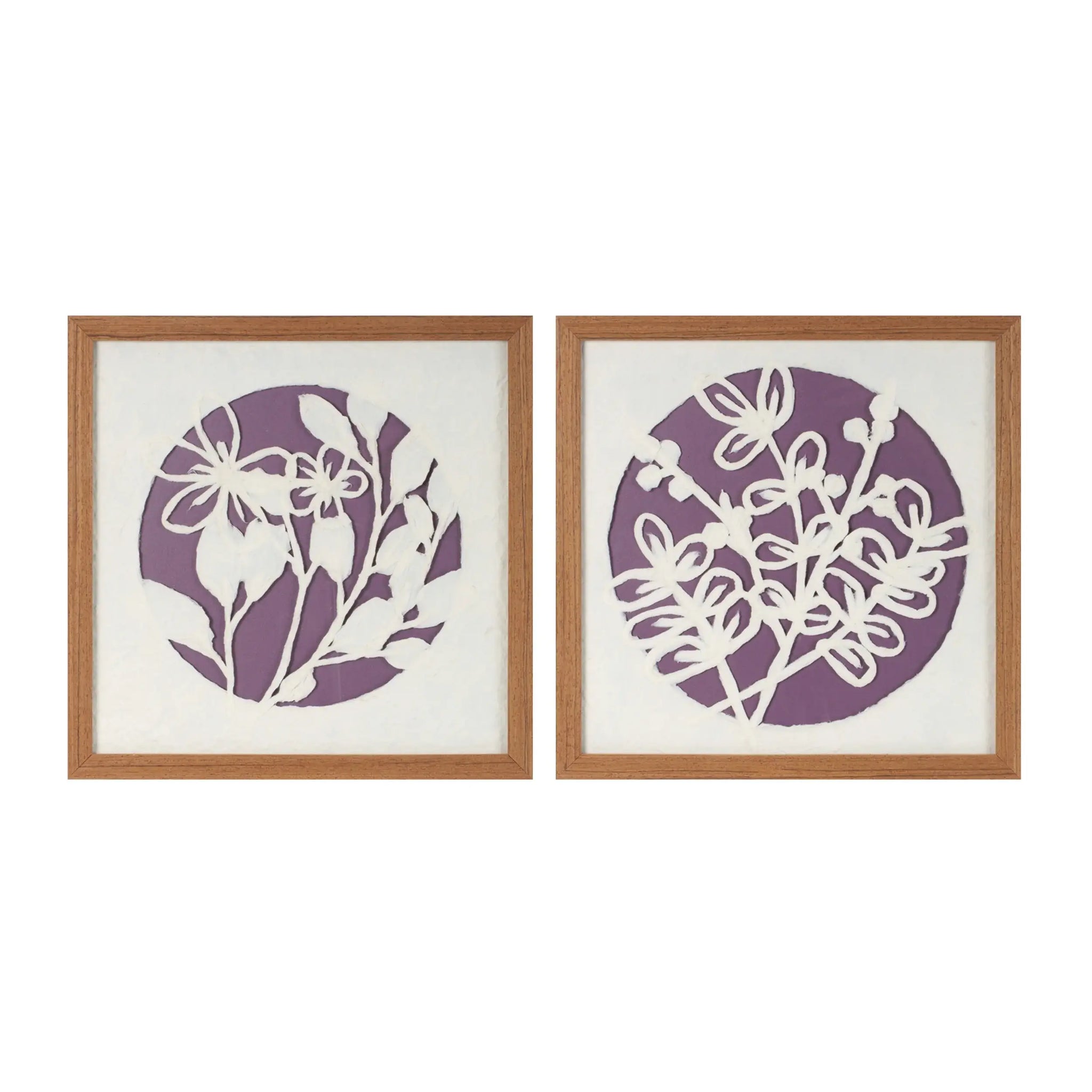 Set Of Two Purple And White Floral Brown Framed Wall Art - Homeroots - Flyclothing LLC