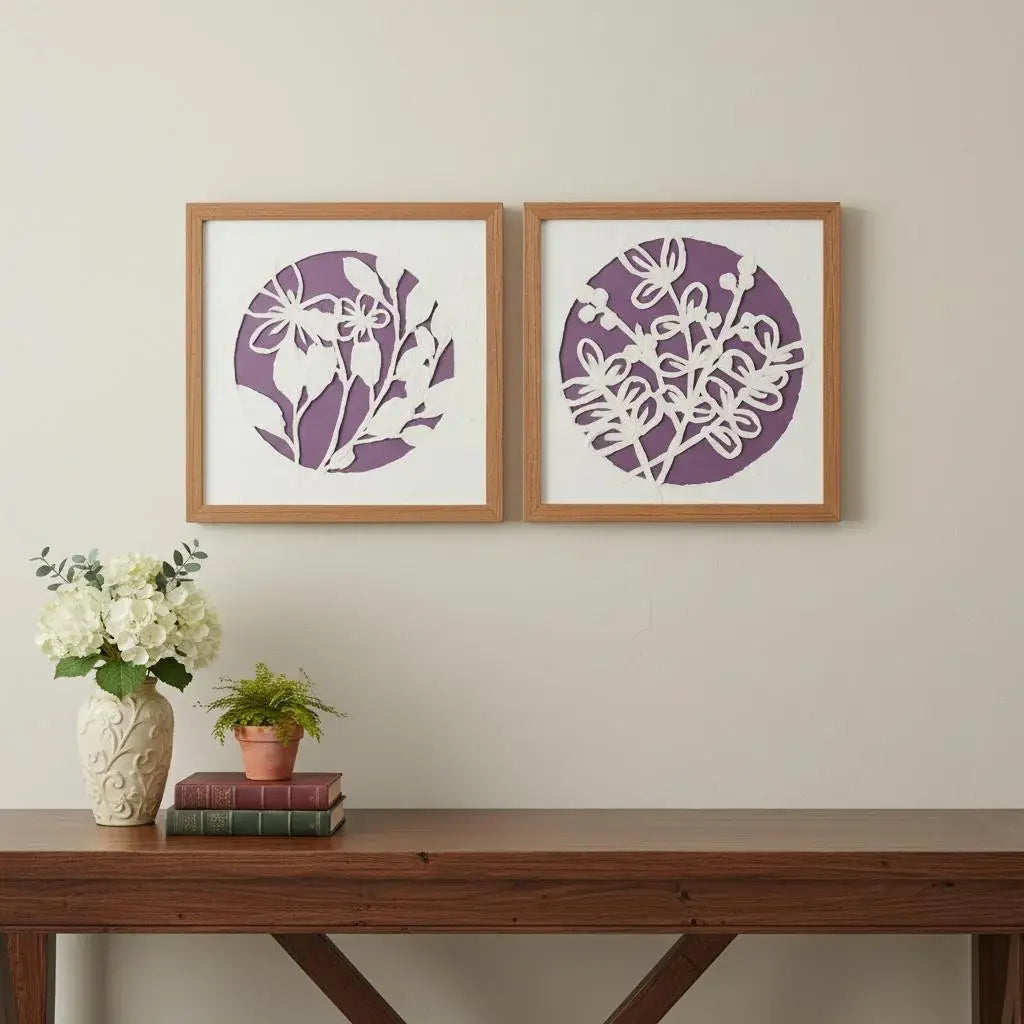 Set Of Two Purple And White Floral Brown Framed Wall Art - Homeroots - Flyclothing LLC