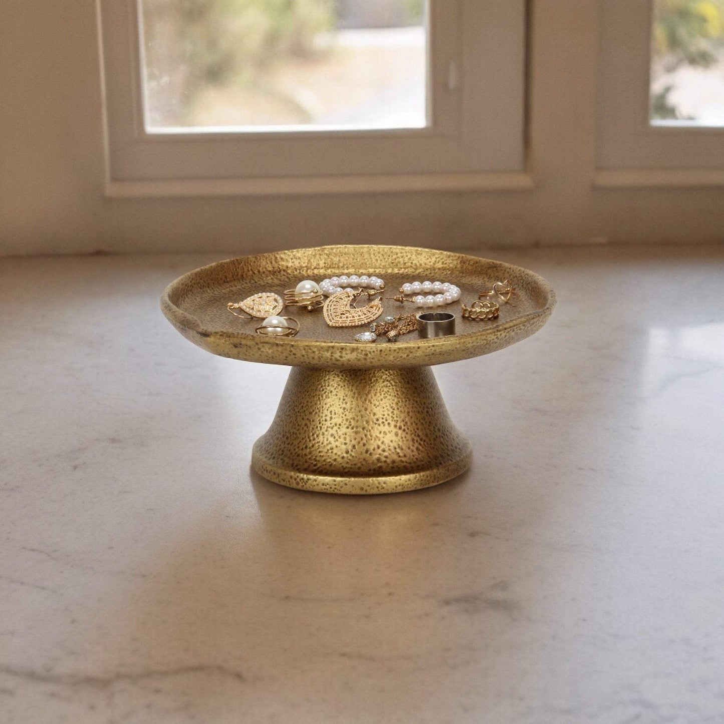 8" Antiqued Gold Cast Iron Hammered Round Riser Tray - HomeRoots - Flyclothing LLC