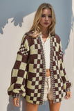 Double Take Full Size Open Front Checkered Drop Shoulder Cardigan - Trendsi