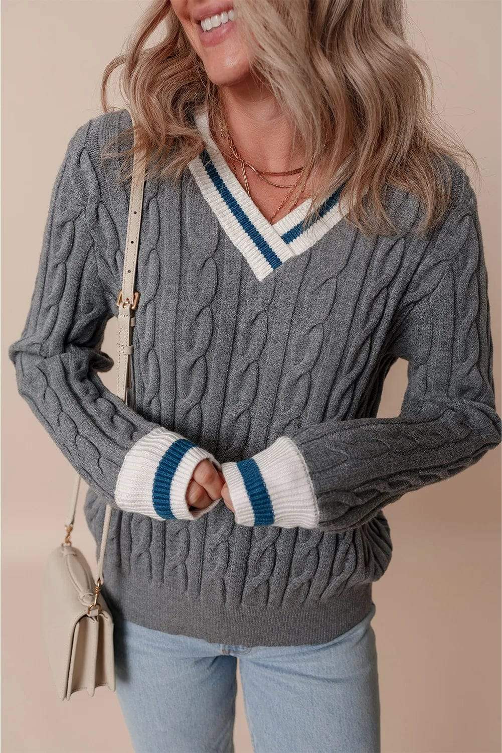 Cable-Knit V-Neck Long Sleeve Sweater - Trendsi - Flyclothing LLC