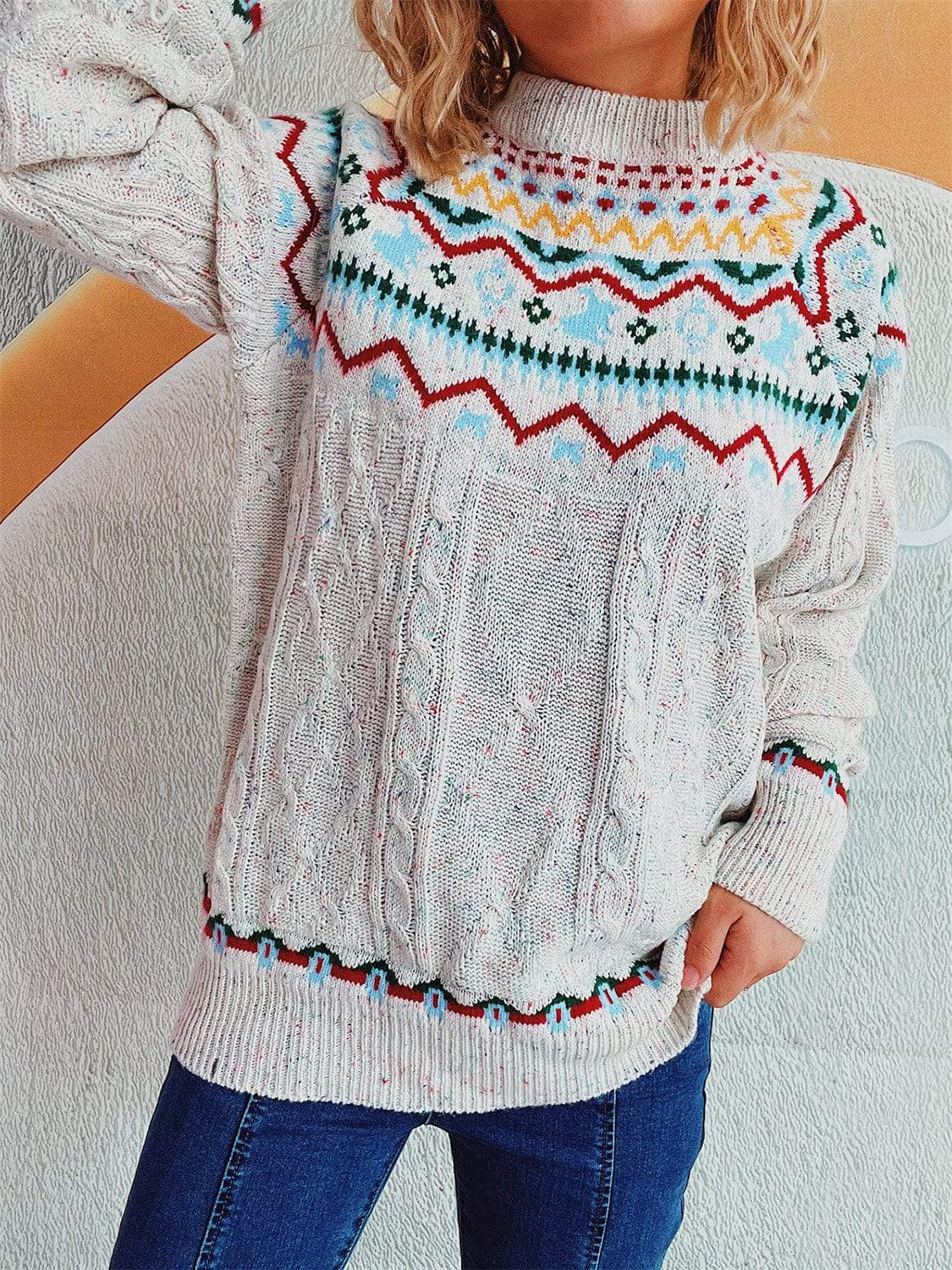 Cable-Knit Mock Neck Long Sleeve Sweater - Trendsi - Flyclothing LLC