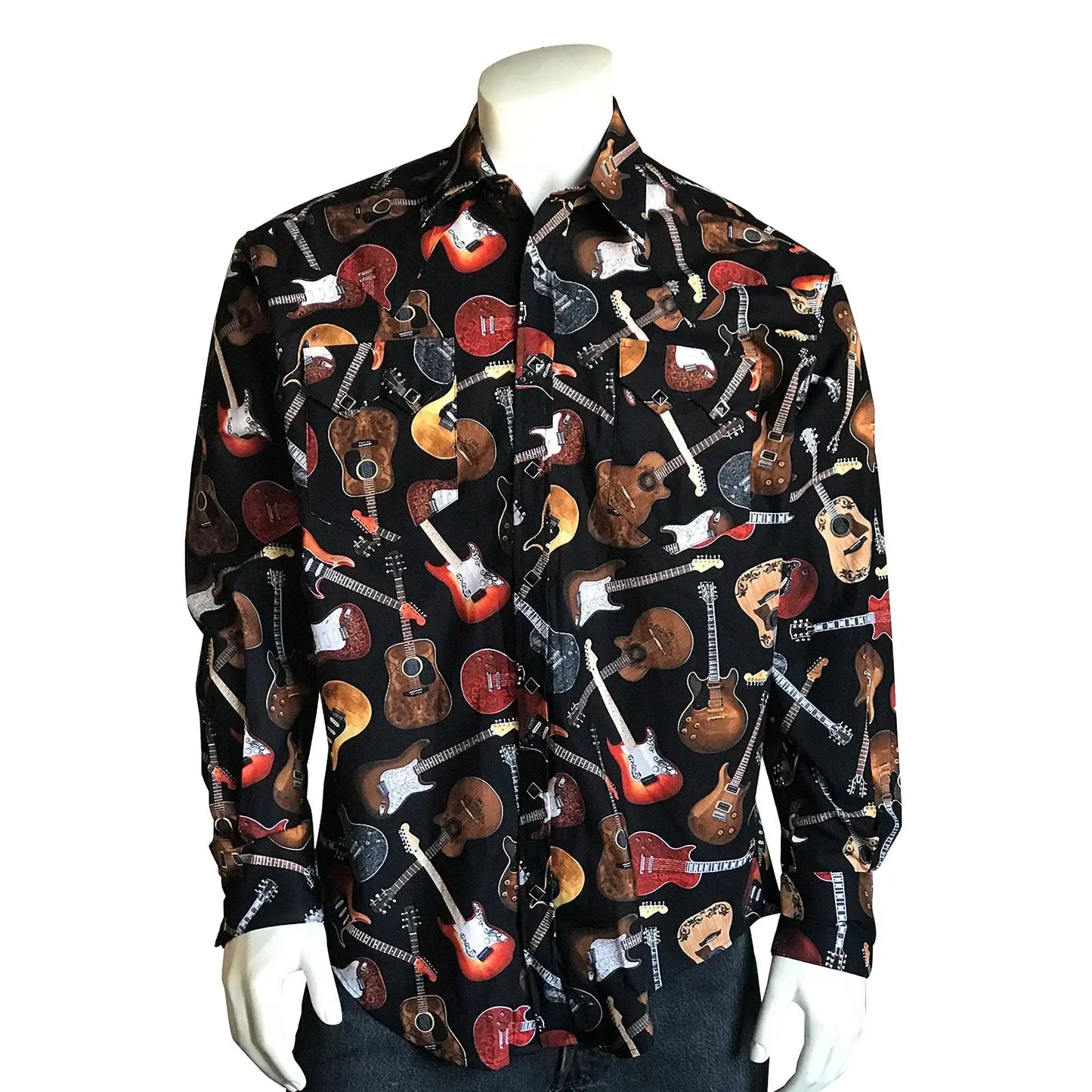 Rockmount Ranch Ware Men's Black Electric Guitars Print Western Shirt - Rockmount Clothing - Flyclothing LLC