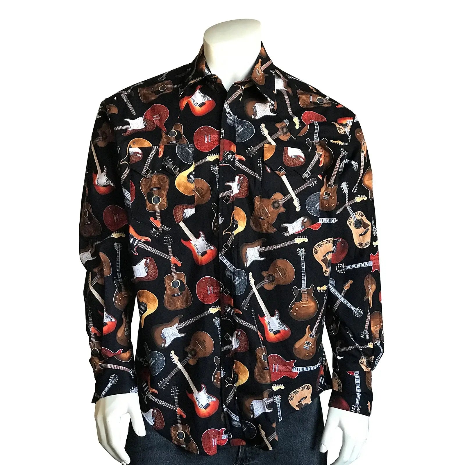 Rockmount Ranch Ware Men's Black Electric Guitars Print Western Shirt - Rockmount Clothing - Flyclothing LLC