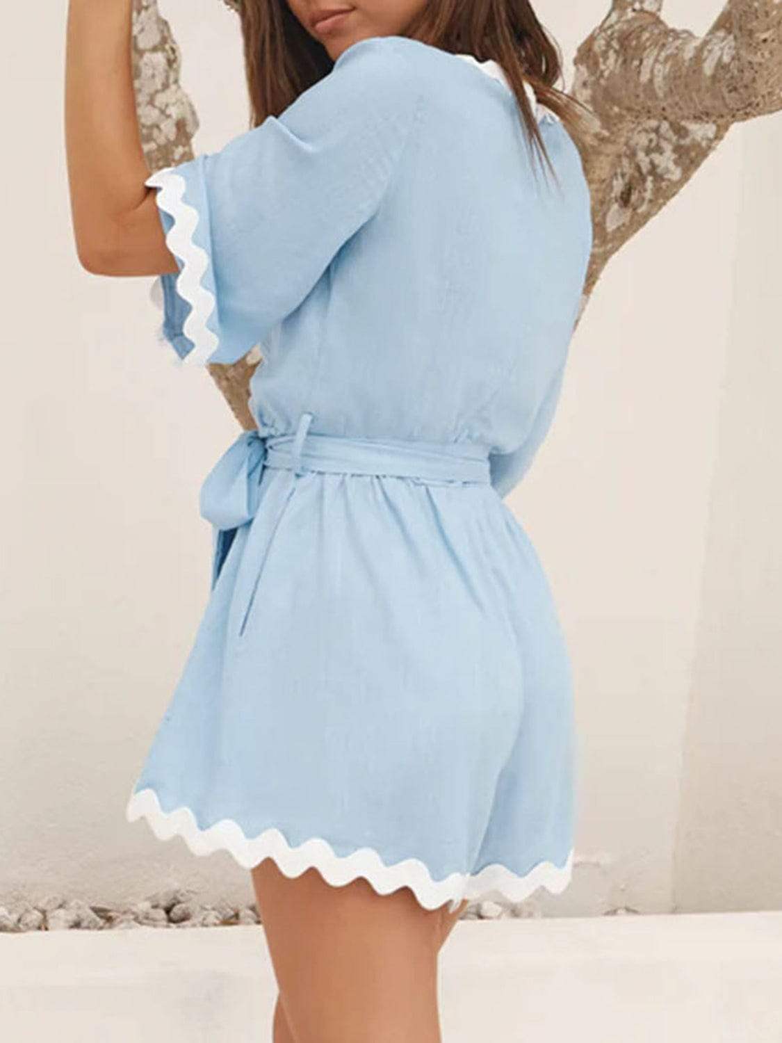 Contrast Trim Surplice Tie Waist Romper - Trendsi - Flyclothing LLC