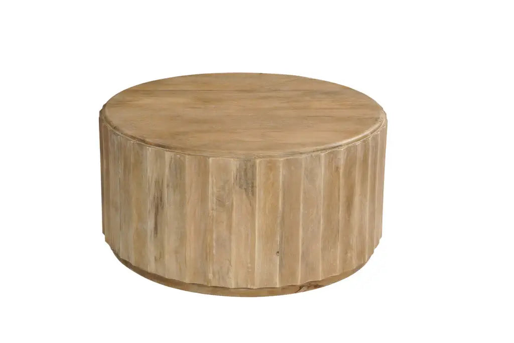 Two Piece Natural Solid Wood Round Drum Coffee And End Table Set - Homeroots - Flyclothing LLC