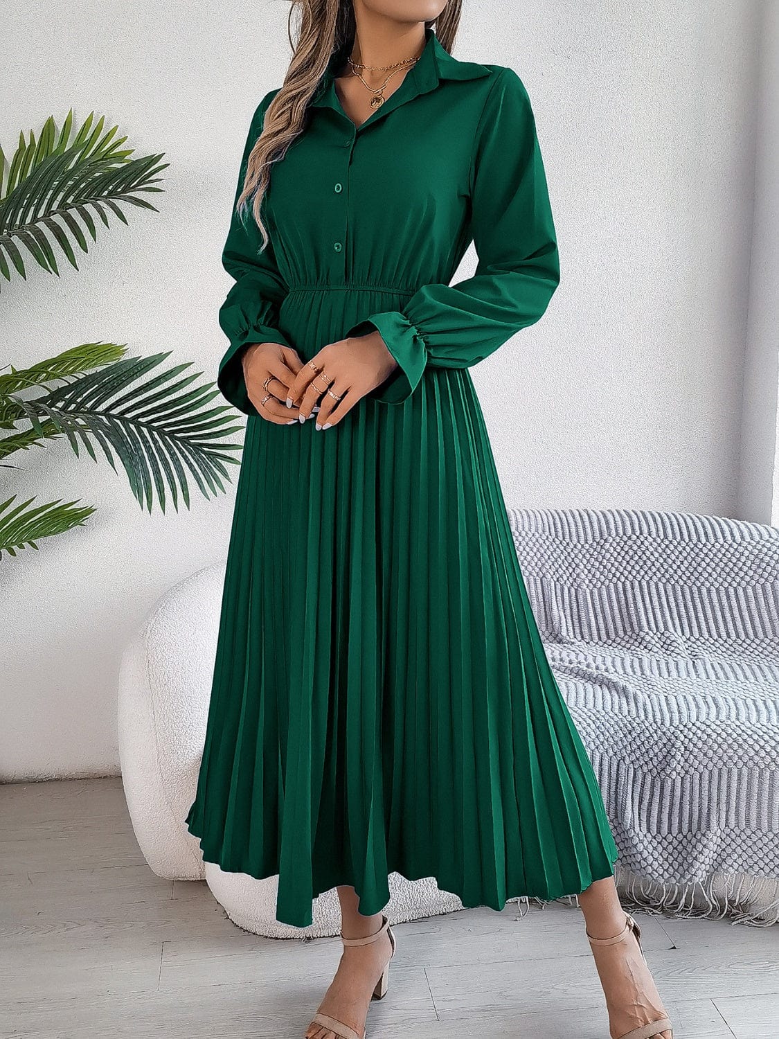 Pleated Half Button Long Sleeve Midi Dress - Trendsi
