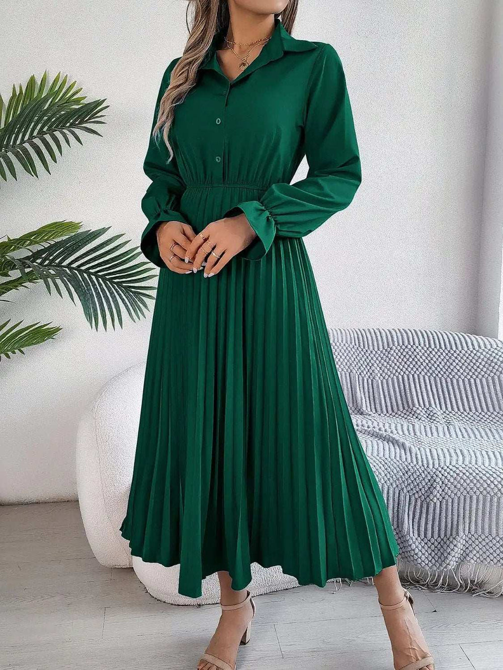 Pleated Half Button Long Sleeve Midi Dress - Trendsi - Flyclothing LLC