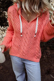 Drawstring Cable-Knit Hooded Sweater - Trendsi