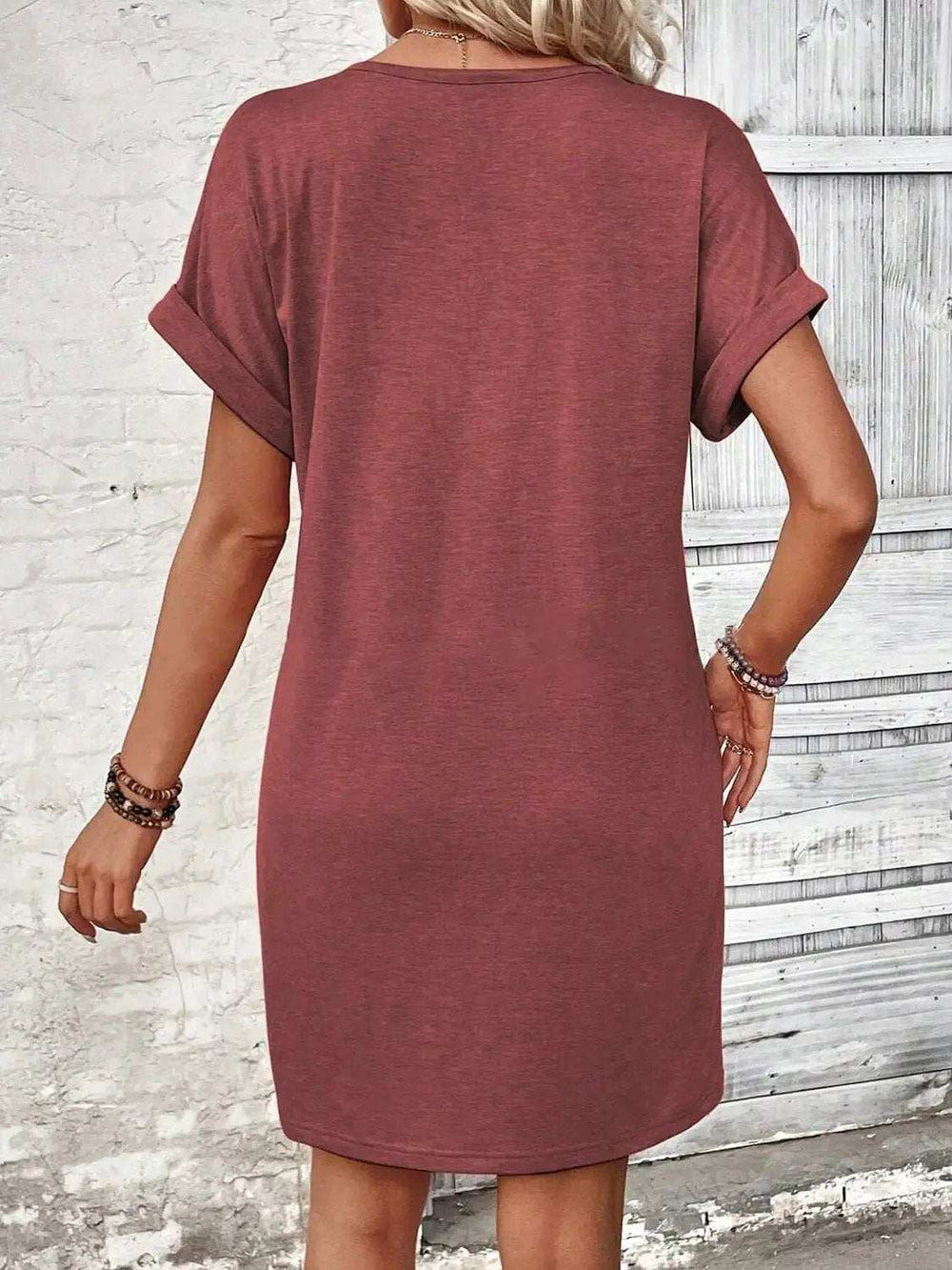 Quarter Button V-Neck Short Sleeve Dress - Trendsi - Flyclothing LLC
