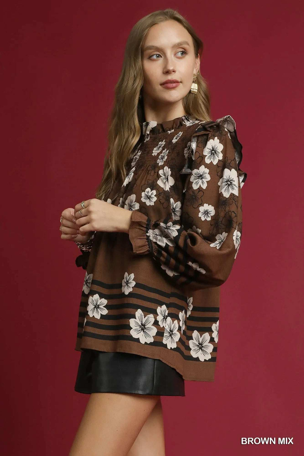 Umgee Full Size Mix Floral Smocked Ruffle Blouse Plus Size - Trendsi - Flyclothing LLC