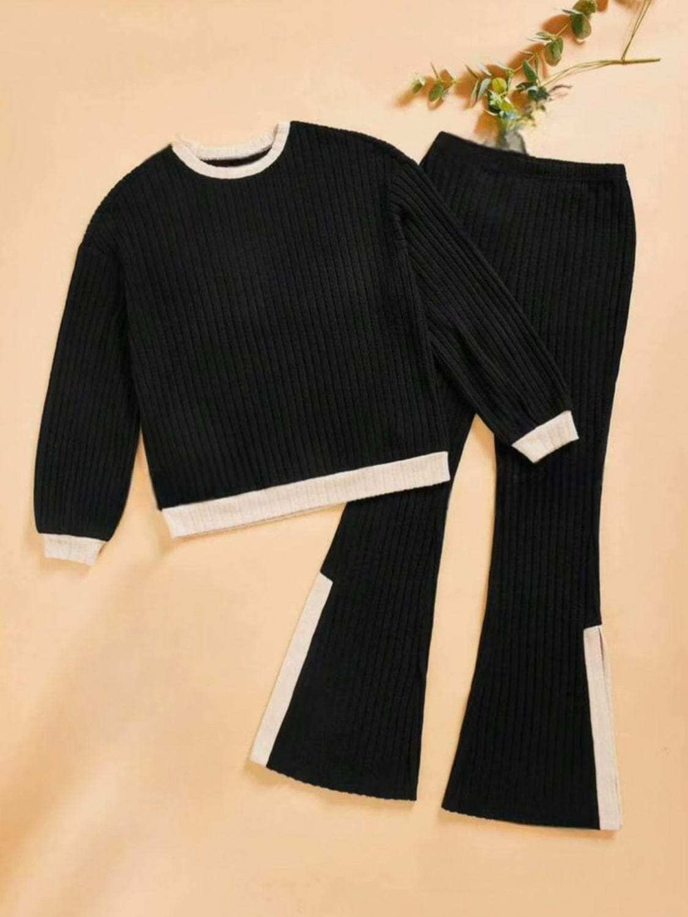 Contrast Round Neck Long Sleeve Top and Bootcut Pants Set - Trendsi - Flyclothing LLC