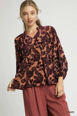 Umgee Floral Velvet Blouse with Balloon Sleeves - Trendsi - Flyclothing LLC