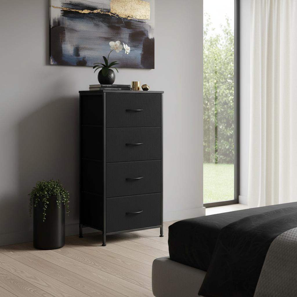 18" Black Fabric Wood and Metal Four Drawer Lingerie Chest - HomeRoots - Flyclothing LLC