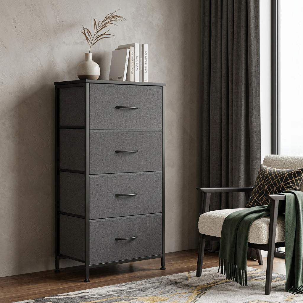 18" Black And Gray Fabric Wood And Metal Four Drawer Dresser - HomeRoots - Flyclothing LLC