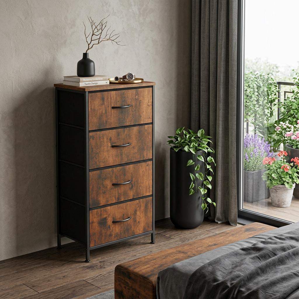 18" Black And Brown Fabric Wood And Metal Four Drawer Dresser - HomeRoots - Flyclothing LLC