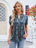 Ruched Printed Notched Short Sleeve Blouse - Trendsi - Flyclothing LLC