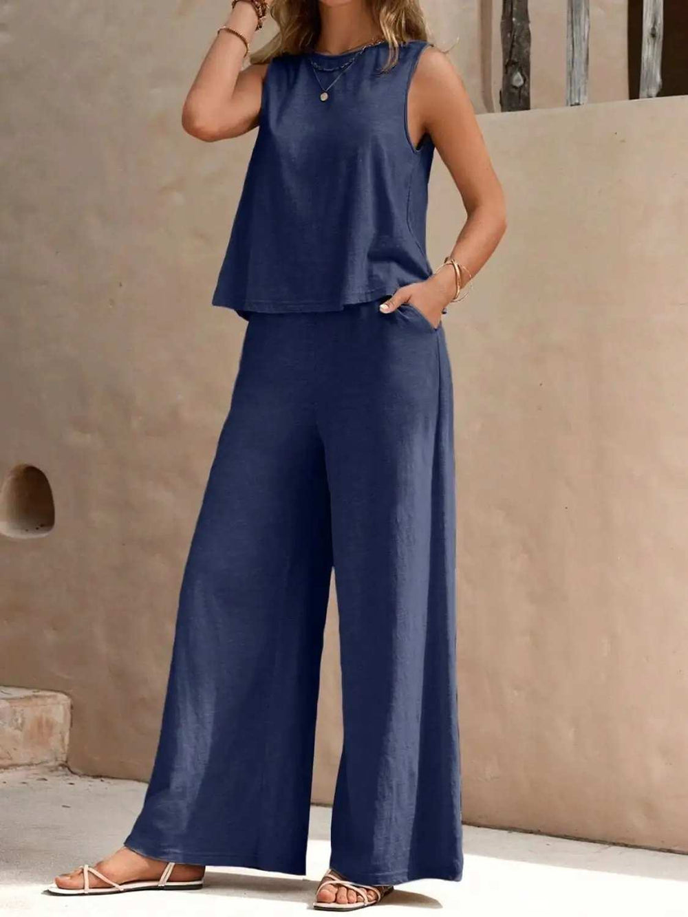 Round Neck Sleeveless Top and Wide Leg Pants Set - Trendsi - Flyclothing LLC