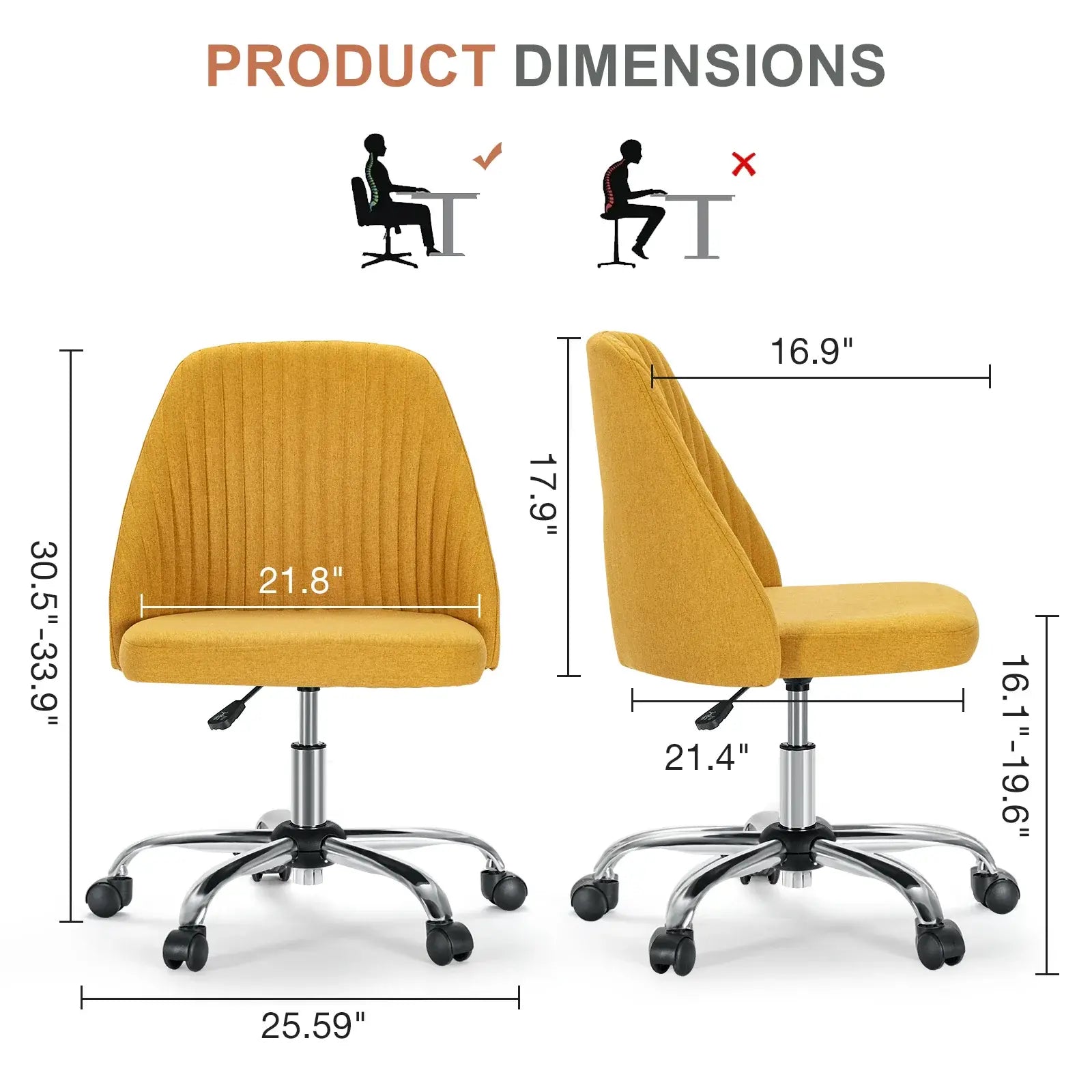 Yellow and Silver Adjustable Height Swivel Rolling Office Chair - Homeroots - Flyclothing LLC